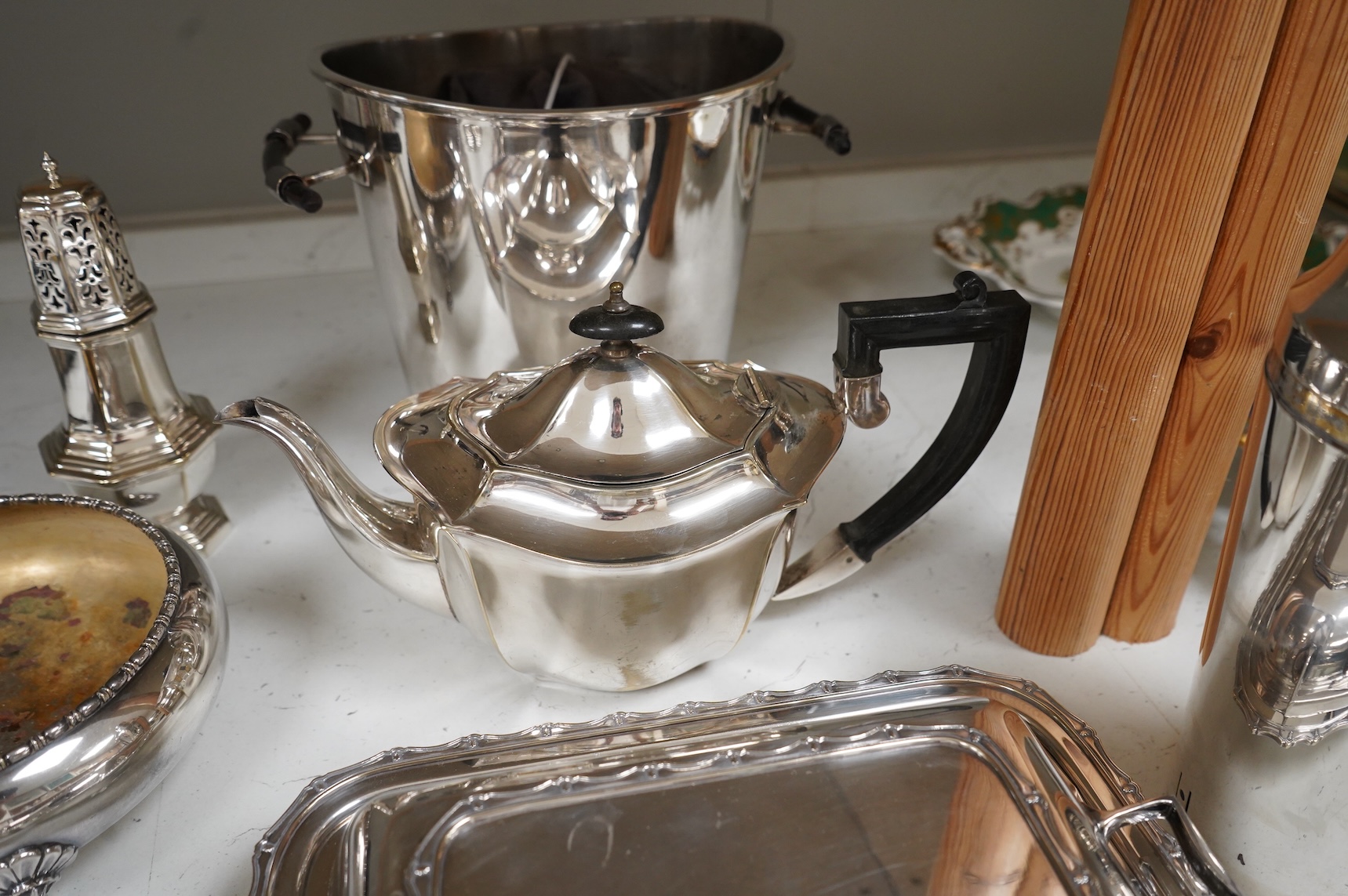 A collection of plated wares to include a vintage cocktail shaker with recipes, wine cooler and two plated entrée dishes including Art deco, largest 29cm wide